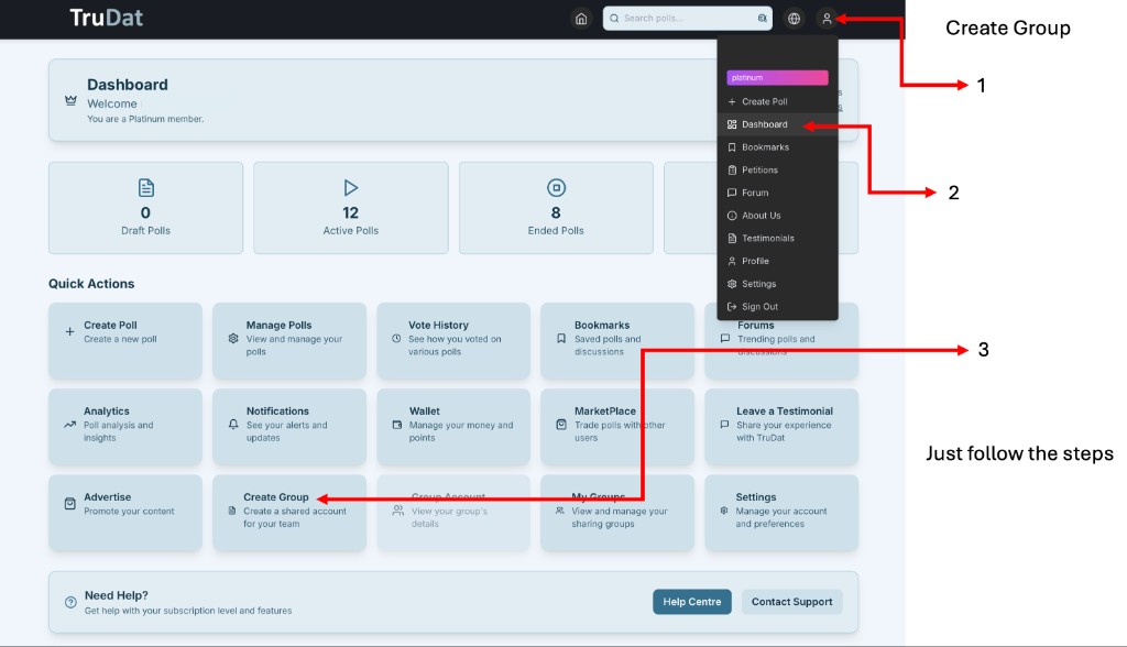 How to create a group on TruDat: profile menu, Dashboard, then Create Group