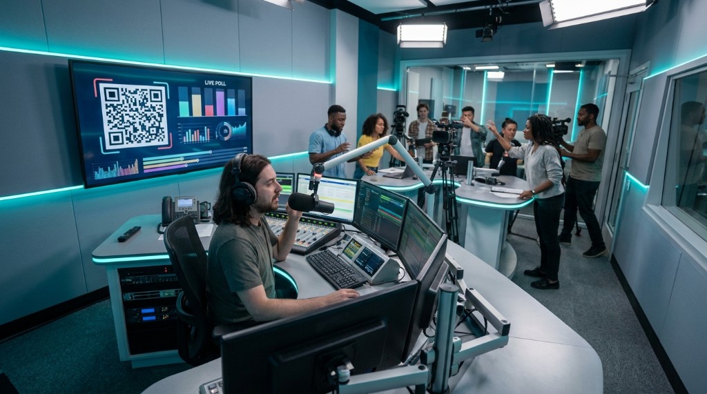 Broadcast studio with on-air QR and live results