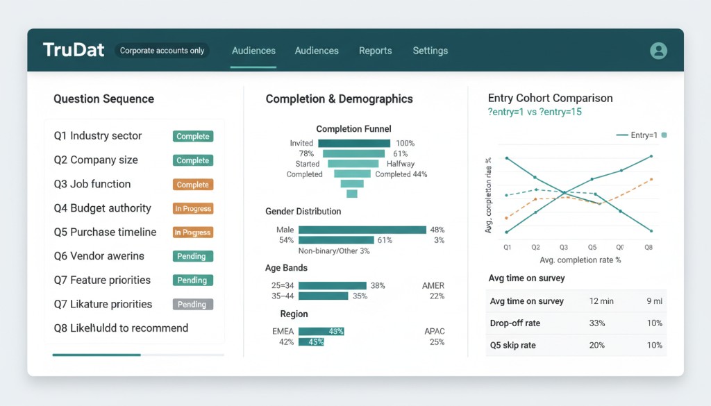 TruDat Audience Research dashboard with question sequence, completion funnel, and aggregate demographics