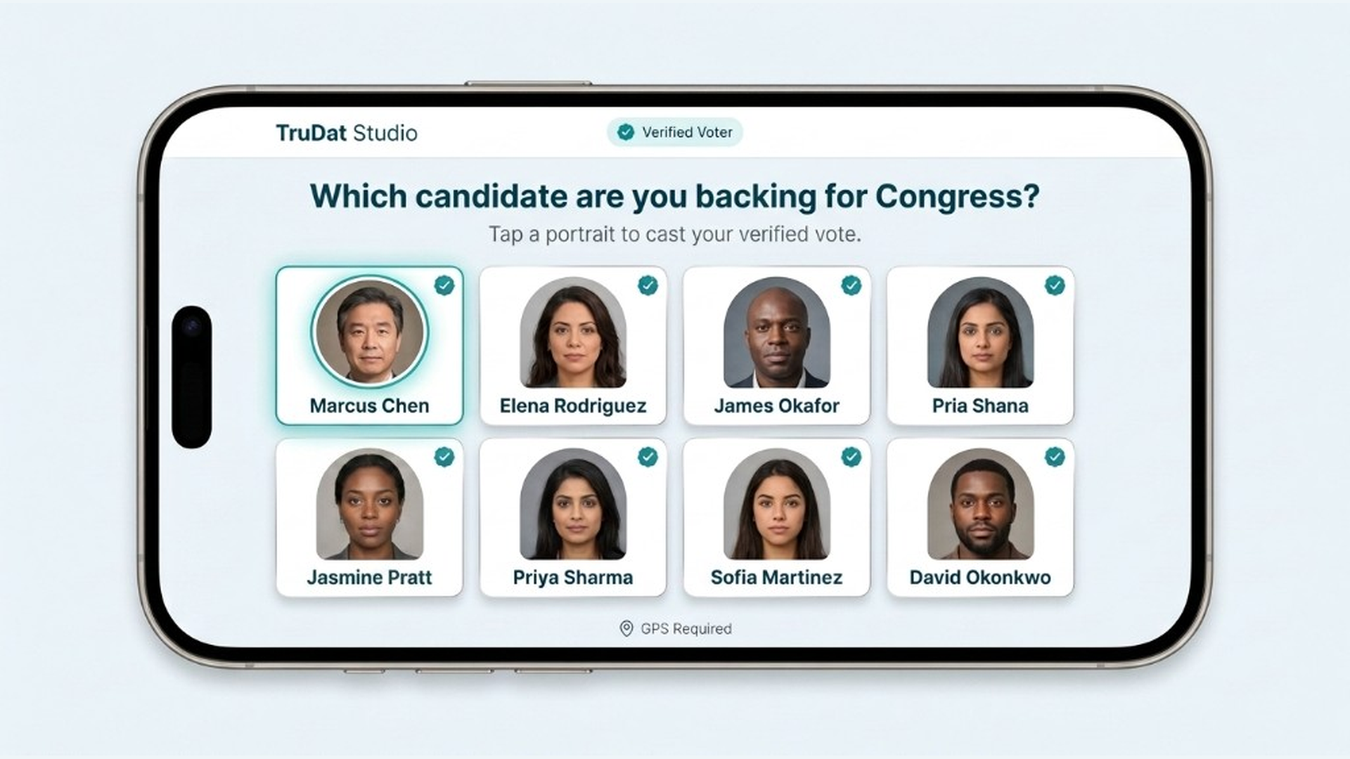 TruDat Studio audience vote screen with passport-style candidate portraits and names beneath each option