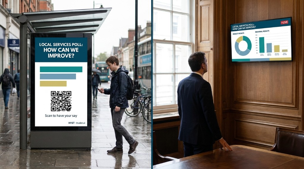 HYST public feedback: bus-shelter poll display with QR code beside indoor live results projection